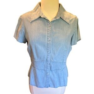Emma James Chambray Tencel Denim Short Sleeve Button Down Top 12 Petite​​​​​​​​